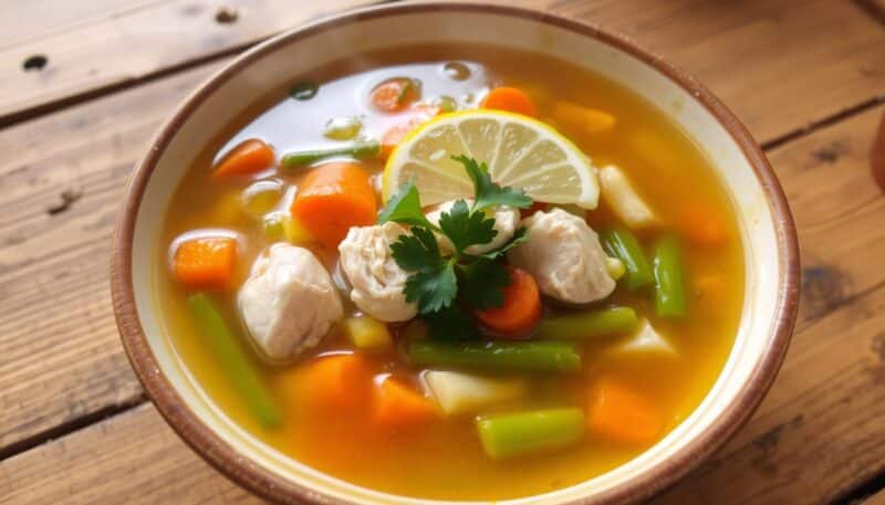 Caldo de frango com legumes